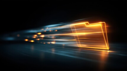 Fast data transfer and cloud storage concept with glowing digital folder icon moving through light streaks on dark background
