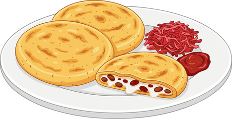 Cartoon Style Delicious Arepa Plate with Shredded Beef and Sauce Illustration
