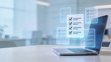 Digital Checklist Interface Floating Above Desk, Quality Control and Verification Concept