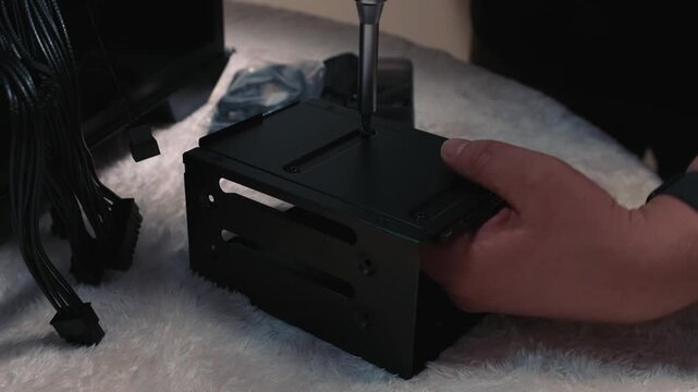 Final stage of fastening a solid-state drive to a metal drive cage using a screwdriver, before installing it into the computer case
