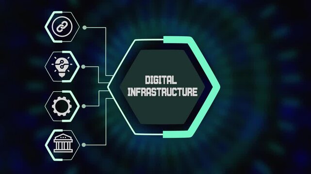 Digital infrastructure concept with futuristic hexagon hub and connected technology icons representing network, security and data systems.