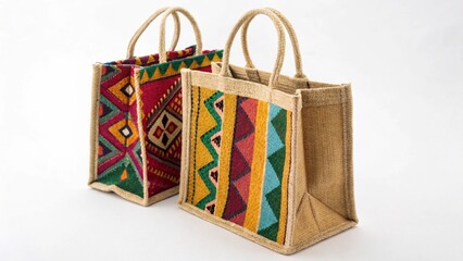 Two colorful patterned jute tote bags with handles, one in front and one behind, isolated on a white background