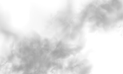 Gray smoke and white mist drifting on a white background. Realistic clouds, fog, and steam effects included. Cutout smoke and cloud PNG high-resolution vector  illustration.