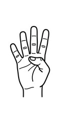 Fototapeta premium Simple black and white line drawing of a hand showing four fingers raised in a counting gesture on a white background.