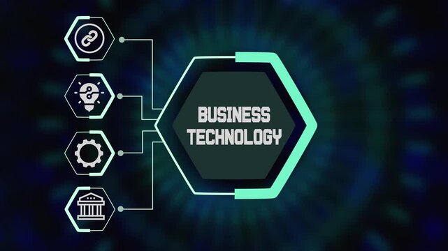 Business technology concept with digital hexagon interface and connected icons representing innovation, automation and enterprise systems.