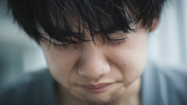 堪えきれず涙を流し、苦悶の表情を浮かべる日本人の少年