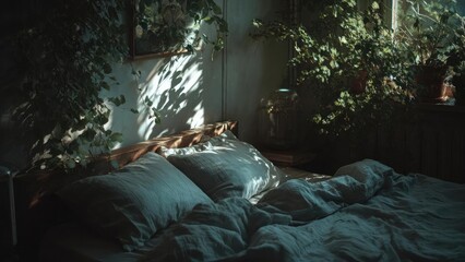Cozy bedroom with a bed surrounded by lush green plants, sunlight streaming through the leaves and onto the pillows. Concept Cozy bedroom botanicals, Sunlit leafy decor