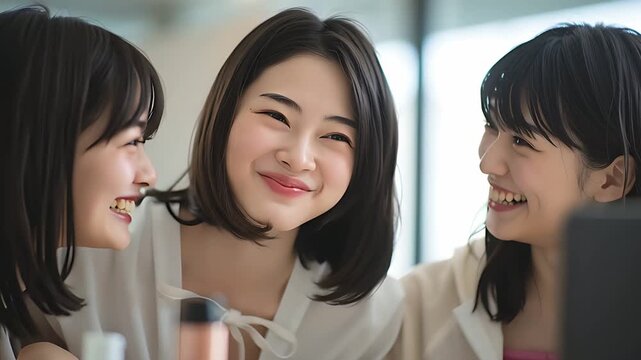 スマートフォンを覗き込んで自撮りを確認する日本人女性たち