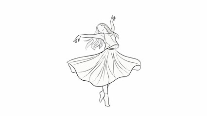 Elegant ballerina dancing gracefully in a flowing dress line art. © Rendi