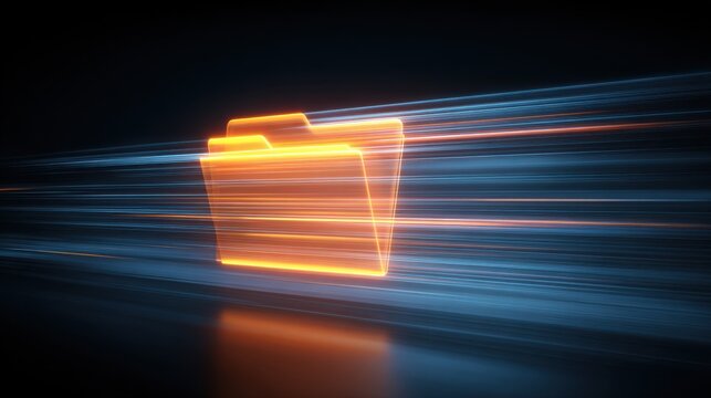 Glowing digital folder icon with motion light trails representing fast data transfer and cloud storage on dark background - Powered by Adobe