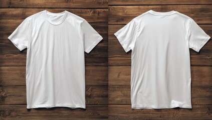 Vibrant photo of Front and back view of a plain white t-shirt on a dark rustic wooden background