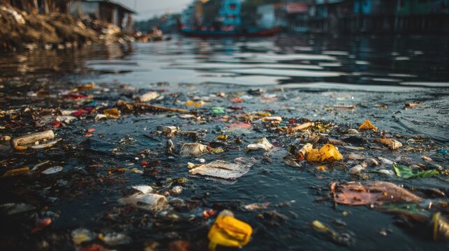 Heavily polluted river filled with plastic waste and garbage in a slum area, environmental pollution concept