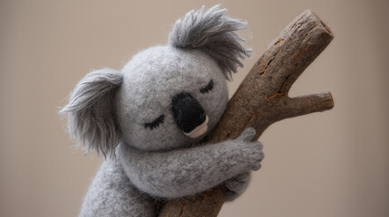 Needle felted wool character, a sleepy gray koala hugging a felt branch