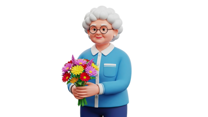 Cartoon Grandma with Bouquet of Flowers