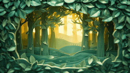 Spring forest landscape in the form of an intricate paper diorama, multi-layered paper with different textures