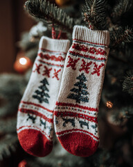 Christmas Knit Socks Hanging as Ornaments on Fir Tree