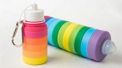 Two colorful rainbow striped collapsible silicone water bottles with carabiner clips, one standing and one lying down, isolated on white background