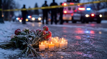 Makeshift memorial with burning candles and frozen flowers on a snowy street, with blurred police tape and flashing emergency lights in the background.