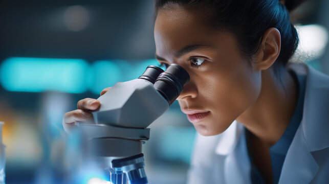 Faceless woman with microscope as scientist in research lab for experiment, test analysis or biotechnology investigation, equipment science or microbiology for medical development healthcare