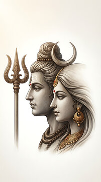 Artistic side profile sketch of lord shiva and goddess parvati for mahadev celebration of masik shivaratri and pradosh vrat