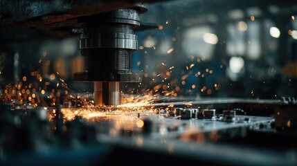 Industrial metalworking process with sparks flying from a precision CNC machine in a factory workshop