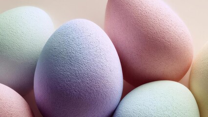 Pastel-colored Easter eggs with a speckled texture clustered together. Concept Pastel Easter eggs, Speckled texture, Clustered arrangement, Seasonal decor, Colorful props