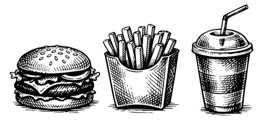 Hand drawn line art fast food set featuring a burger, french fries, and a soda drink for restaurant menu design