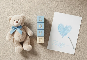 Cute teddy bear with love blocks and hand drawn heart card, tender childhood and affection concept with copy space, isolated on transparent background
