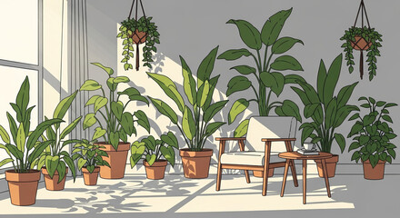 Bright interior with many potted houseplants and cozy seating area, modern urban jungle living space for relaxation and sustainable lifestyle, isolated on transparent background