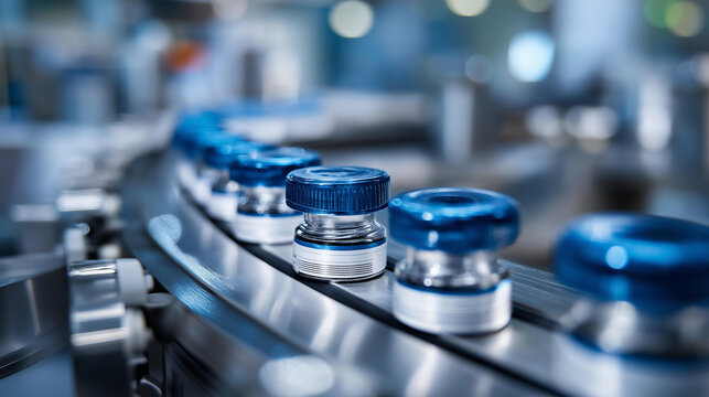 Medical vial production at high speed, pharmaceutical manufacturing line, automated drug packaging, cleanroom production operations, sterile container filling, industrial medicine bottling, with