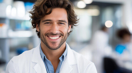 Faceless portrait of scientist man smiling in lab or laboratory in technology medical chemistry healthcare research, experimental science, people lifestyle, defocused face in professional