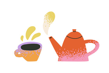 A teapot with a cup is hand-drawn. Textured illustration of dishes, kitchen, food, tea for breakfast.