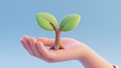 Cute 3D Hand Nurturing a Small Green Plant Sprout on Clear Blue.