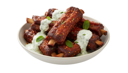 A plate of delicious ribs with white sauce and herbs on top isolated on transparent background