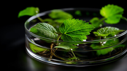 Laboratory petri dish with green leaves sprouting, symbolizing growth of ecologically friendly biotechnology, sustainable science, environmental research, green technology development, with copy