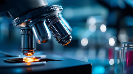 Banner background of microscope in laboratory science closeup research, laboratory of biology by biotechnology for analysis experiment education and test, scientific equipment detail, with copy