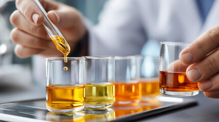 Science of flavors food extracts in lab setting, culinary chemistry research, flavor compound analysis, food science laboratory, taste engineering study, gastronomic biotechnology, with copy