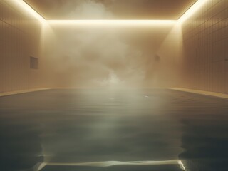 A luxurious indoor swimming pool with warm water generates steam in a tranquil spa environment. Soft lighting and modern interior design create a serene atmosphere for relaxation and wellness.