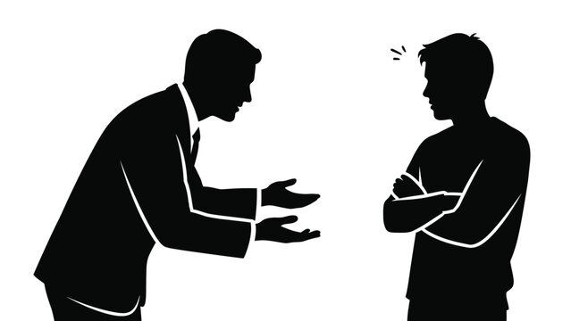 Silhouette illustration depicts a formal man pleading with a resistant or doubtful young individual