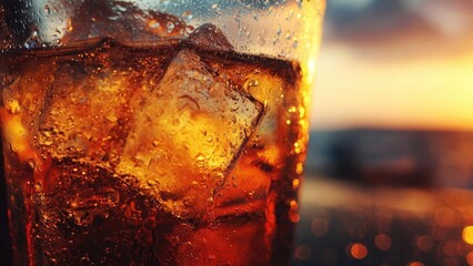 Close-up of a glass with ice and a dark amber drink, condensation on the glass with a warm sunset background. Concept Close-up beverage, Condensation on glass, Amber drink with ice, Sunset backlight