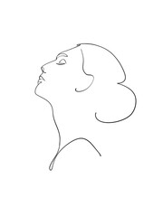 A portrait of a woman is drawn in one line style. Face expression. Printable art.