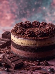 A chocolate mousse cake is decorated with whipped frosting swirls and chocolate shavings. Dark chocolate bars and crumbs are scattered around the decadent dessert on a pink surface.