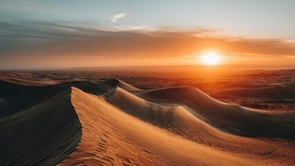 Desert dunes at sunset, warm orange light flooding the ridges as the sun sinks on the horizon. Concept Desert Dunes at Sunset, Warm Orange Light on Dunes, Golden Hour Desert Landscape
