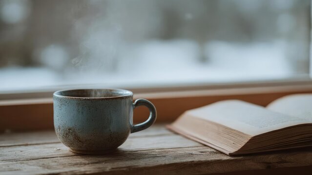 A steaming blue ceramic mug sits on a rustic wooden table beside an open book by a window. Concept Cozy Reading Corner, Steaming Blue Ceramic Mug, Rustic Wooden Table, Open Book by Window - Powered by Adobe
