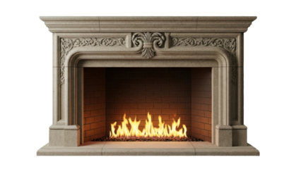 Ornate Stone Fireplace with Burning Flames Isolated on Transparent Background