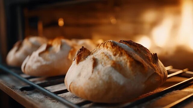 Homemade bread baking in oven. Organic fresh bread