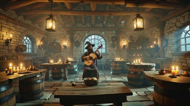 Warm medieval tavern interior, cozy rustic wooden beams, flickering lanterns, stone walls, animated patrons drinking laughing, dice games fireplace smoke, mugs clinking, warm cinematic lighting