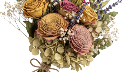 Dried rose bouquet with lavender, isolated on transparent background