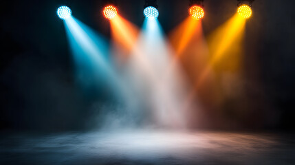Bright stage lights illuminate dark space, creating vibrant atmosphere with colorful beams

