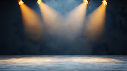 Bright stage lights illuminate dark background, creating dramatic atmosphere

